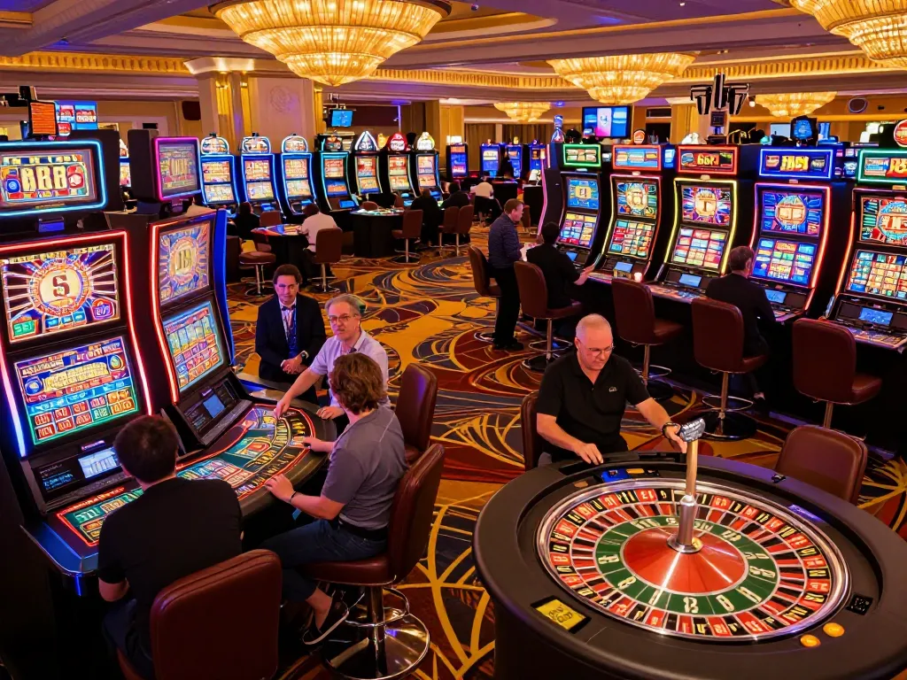 Engaging gamblers at a vibrant casino floor showcasing Red 88 slot machines and roulette tables.