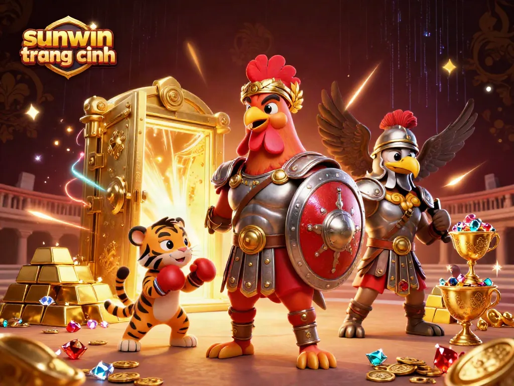 Engage with sunwin trang chính in a vibrant 3D battle scene featuring a dynamic rooster and tiger cub.