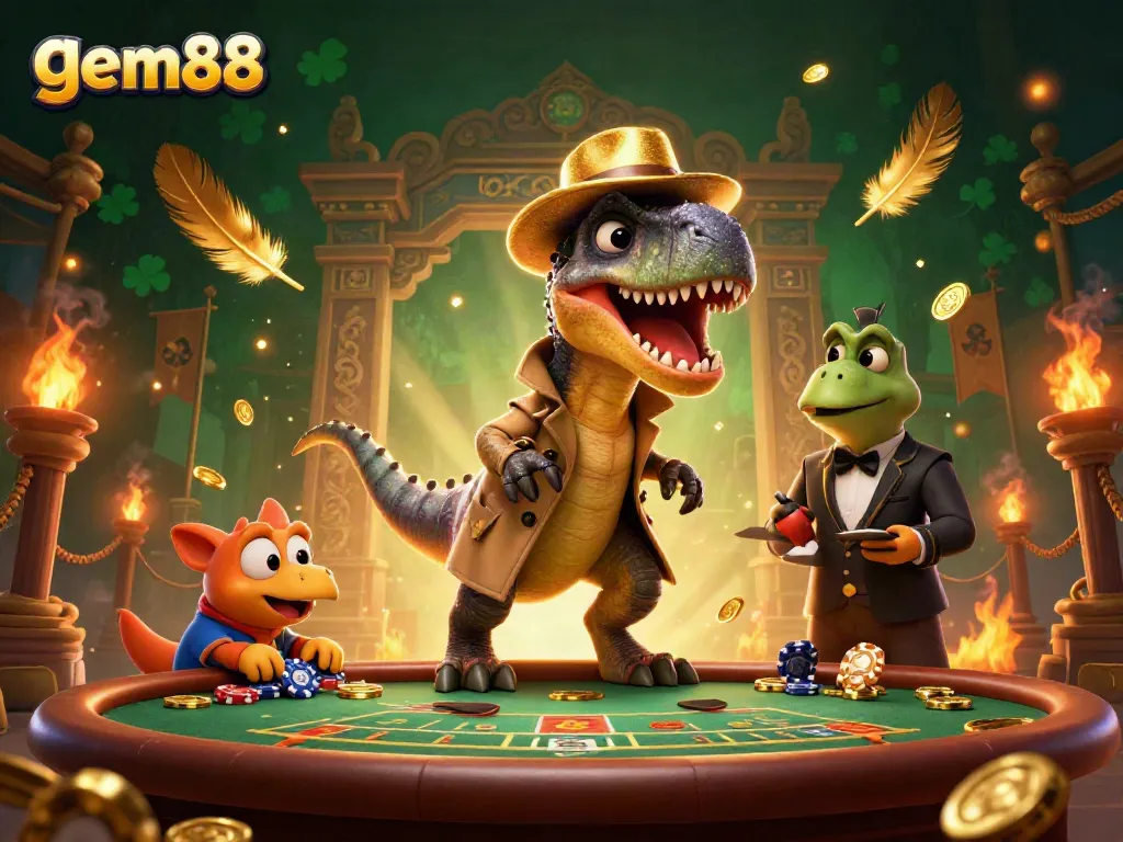 Gem88 velociraptor card counter at a blackjack table with dynamic casino elements, luxurious design.
