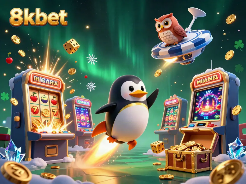 Experience the excitement at 8xbet with a golden penguin soaring to a casino in space amidst an explosion of coins.