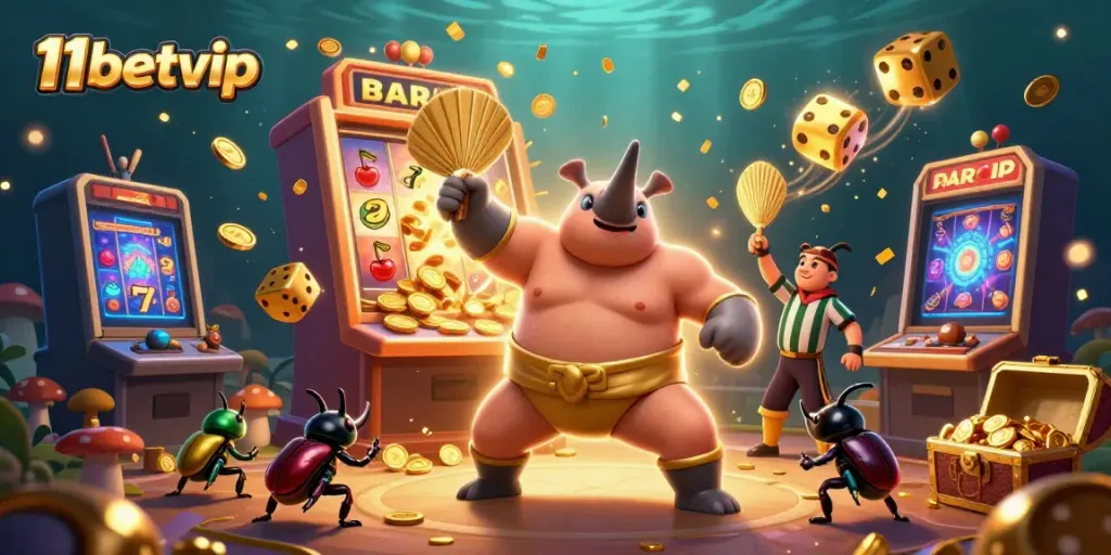 Experience the thrill of 11betvip with a dynamic casino scene featuring a sumo beetle champion amidst a jackpot explosion.