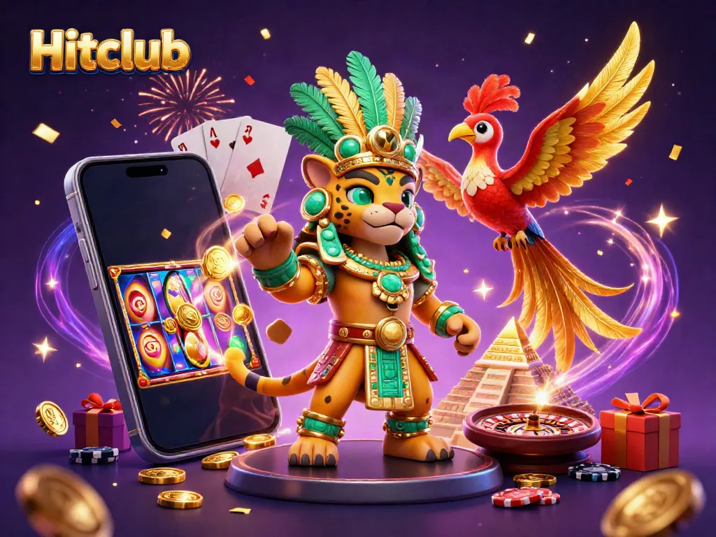 Hitclub promotes exciting gaming with a vibrant scene featuring a Mayan jaguar priest and gaming elements.