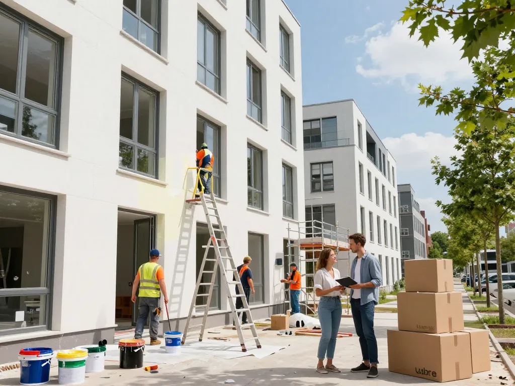 Indrukwekkend uitzicht op een renovatieproject in Utrecht, met een focus op verbouwing en verhuizing Utrecht, waar werknemers raamkozijnen schilderen te midden van inpakdozen, wat stedelijke vernieuwi