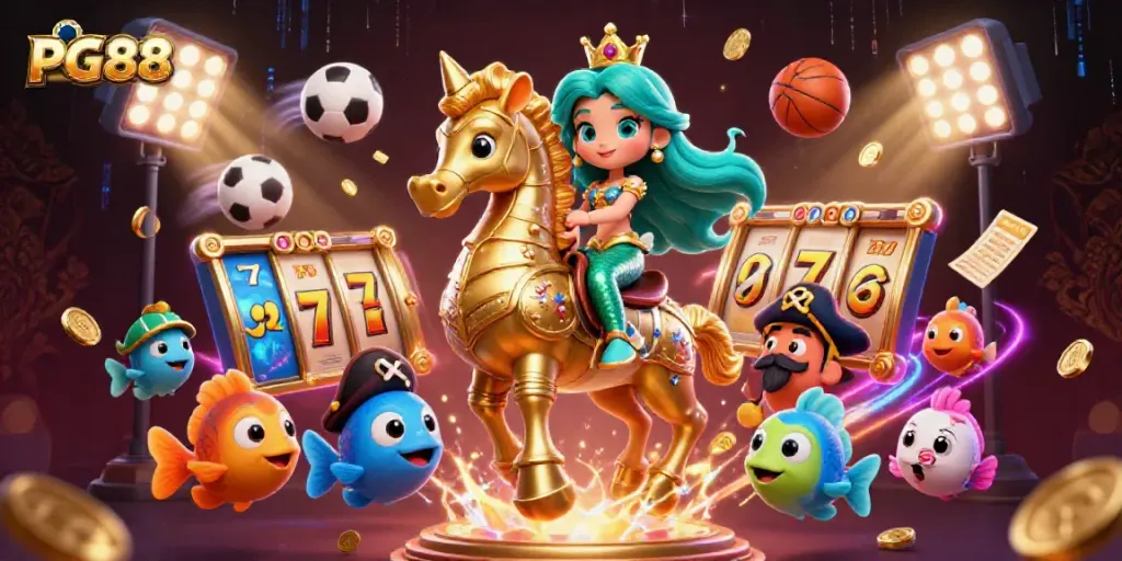 Engage in PG88's thrilling gaming experience with a colorful 3D illustration featuring casino elements and a vibrant mermaid.