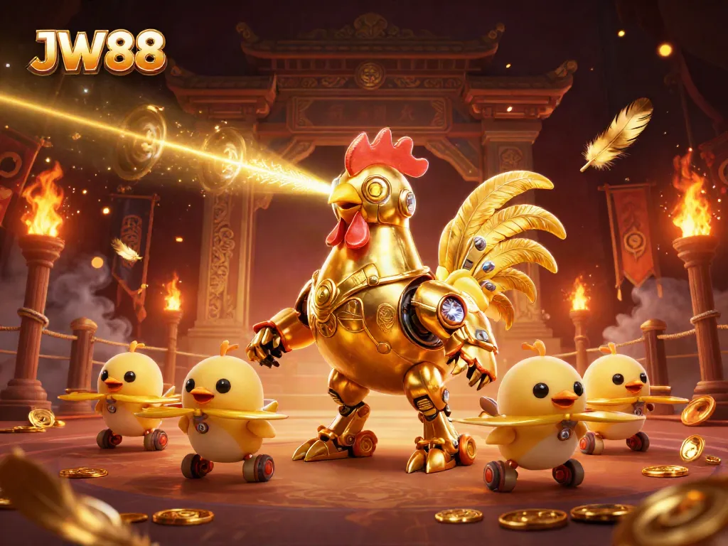 Engage with JW88's exciting gaming scene featuring a golden rooster robot amidst a vibrant casino atmosphere.