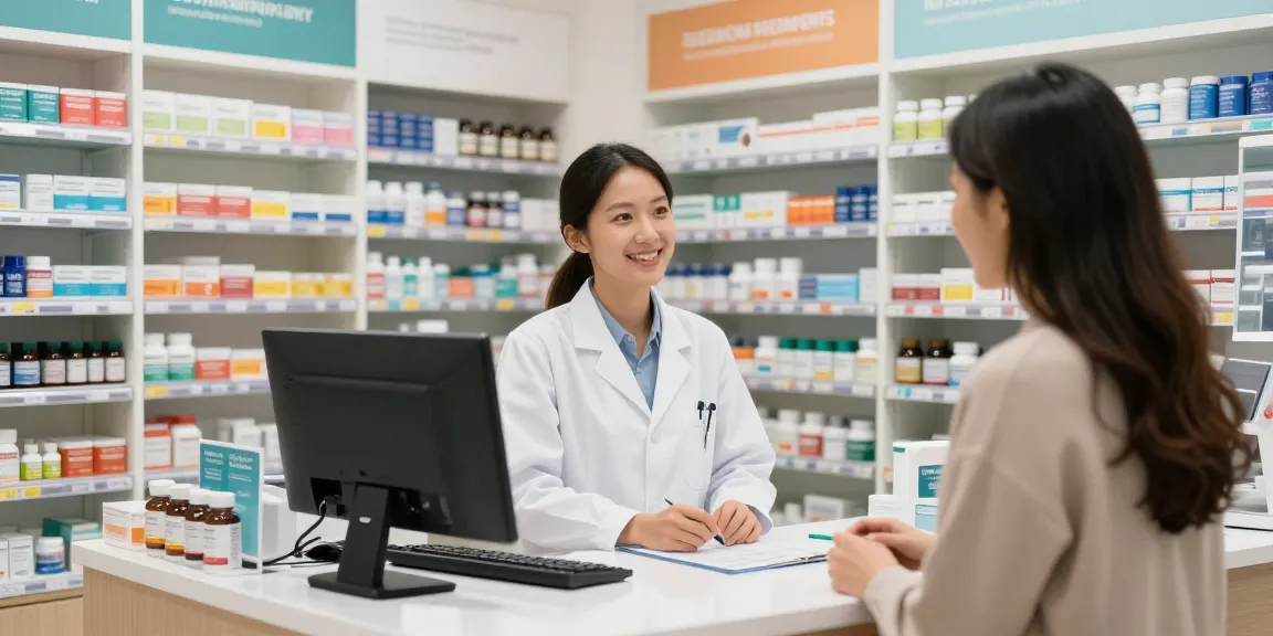 Unieke Pharma Shop met een apotheker die een klant helpt, omringd door gezondheidsproducten en supplementen.