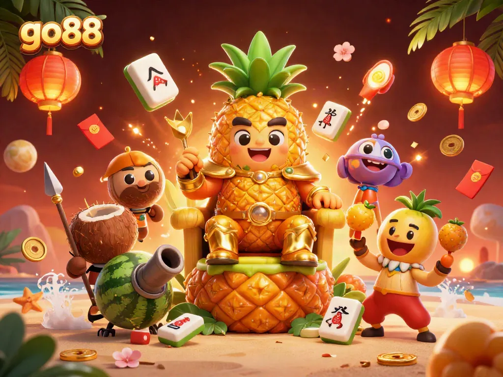Engage with the vibrant world of go88 as the golden pineapple king rules a beach casino surrounded by festive elements.