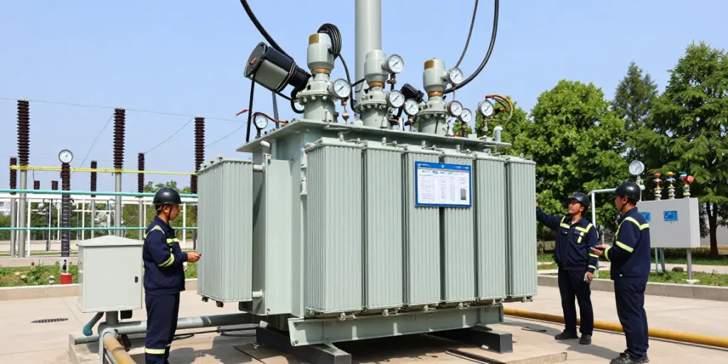 ONAN koelingstransformator installatie met technici die inspecteren en onderhouden in een buitenstation.
