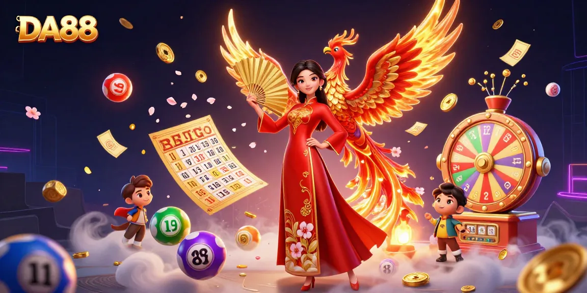 Engage with DA88 in a vibrant casino setting featuring dynamic lottery elements and traditional symbols.