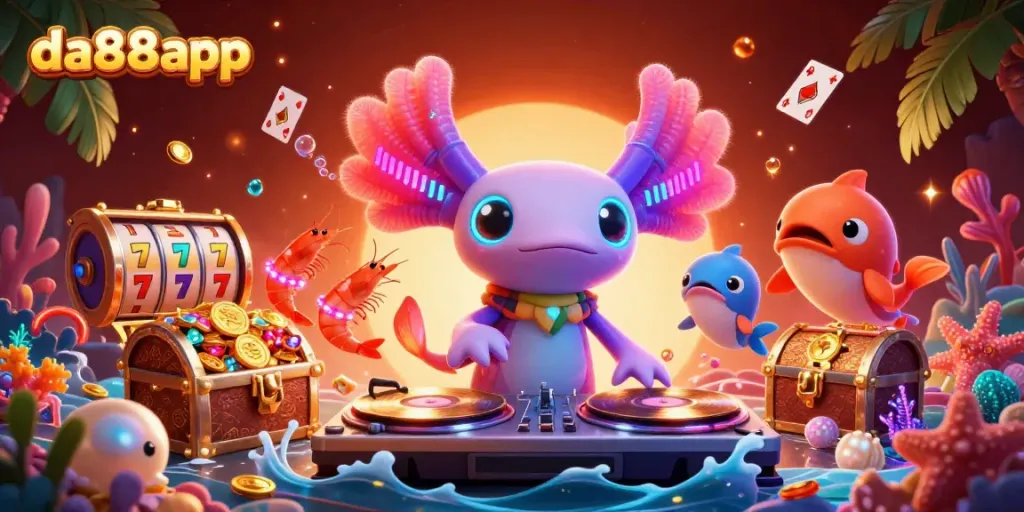 Engaging illustration of da88app featuring a neon-lit axolotl DJ, jackpot elements, vibrant underwater scene.