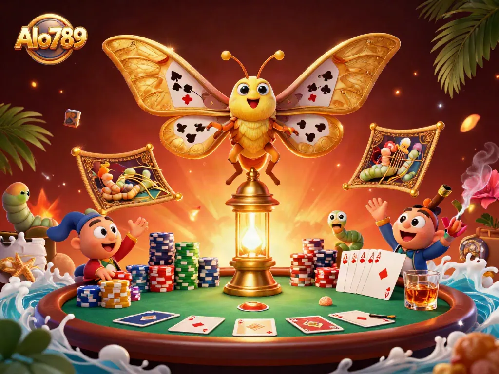 Alo789 features interactive 3D casino gaming with vibrant moth characters and poker elements.