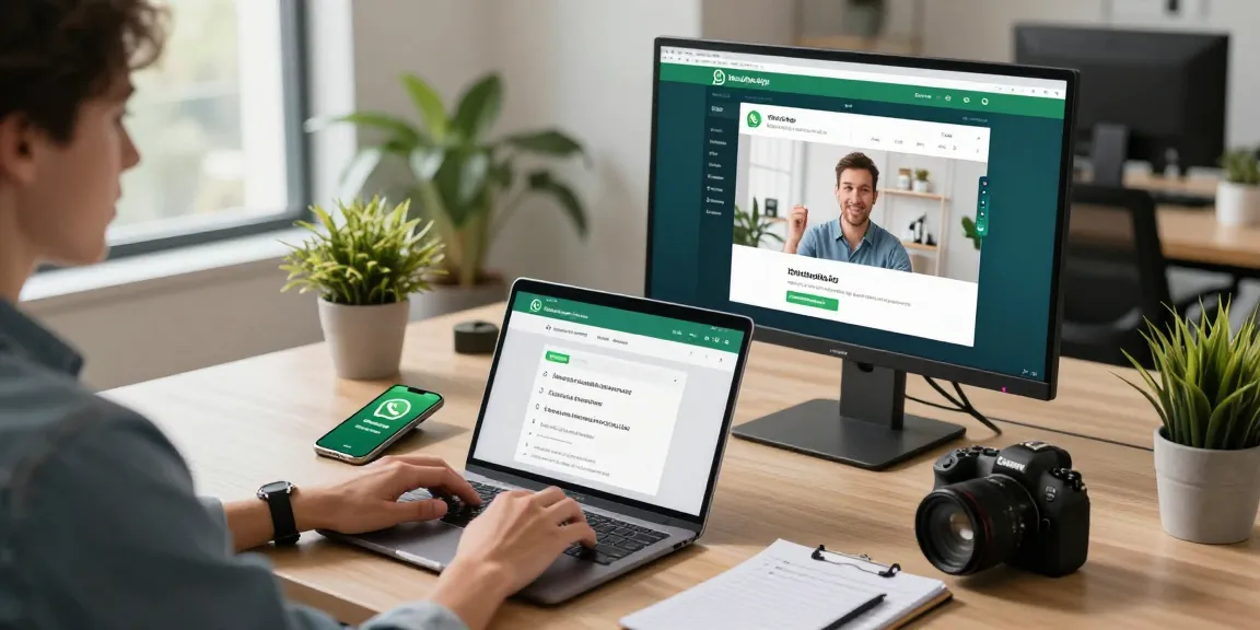 User engaged with WhatsApp網頁版 on multiple devices in a modern workspace.