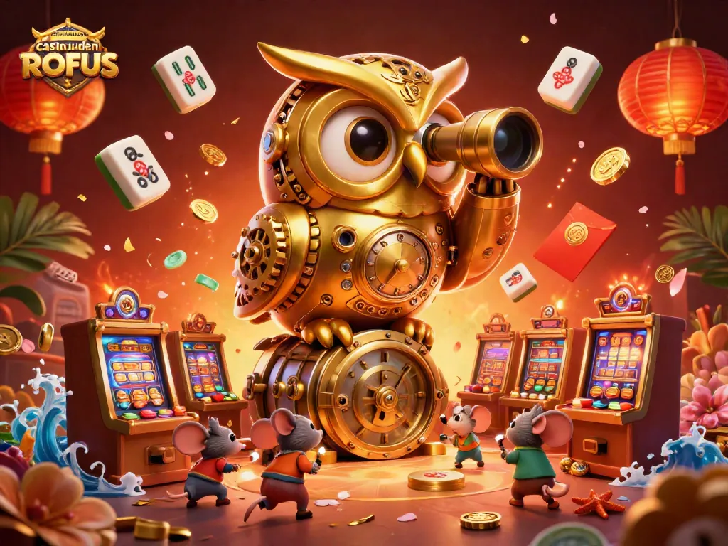 Experience the excitement of udenlandsk casino uden ROFUS with a whimsical 3D illustration of a golden owl scanning the vibrant gaming scene.