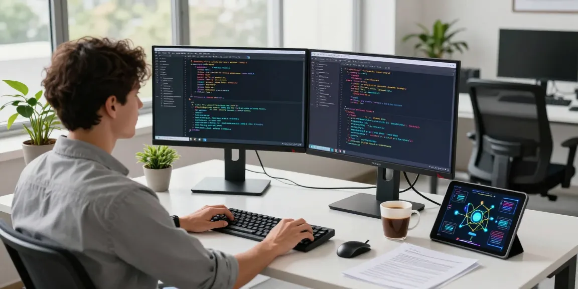 快连 software developer coding at a modern workspace with dual monitors and vibrant office environment.