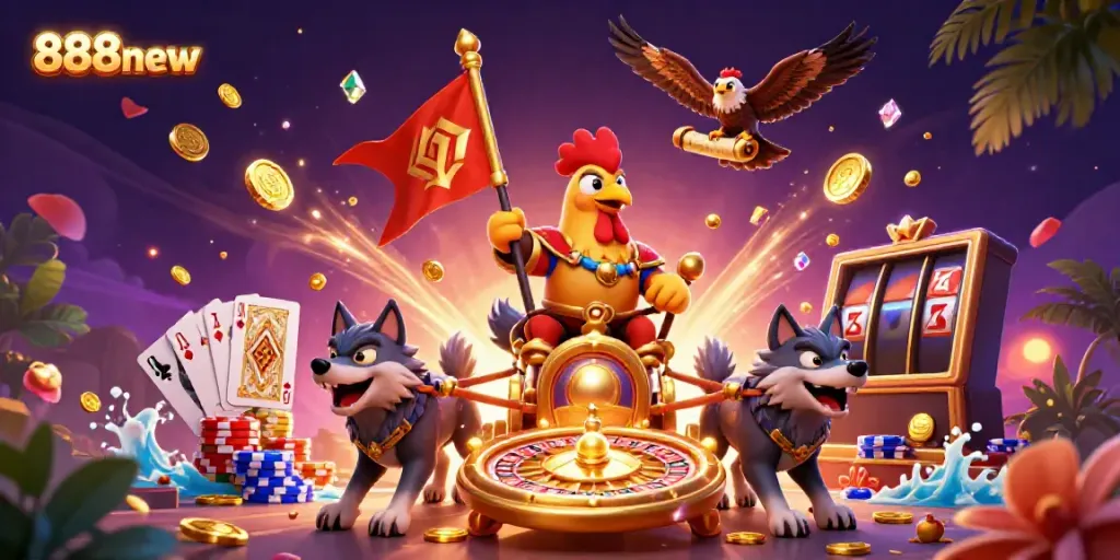 Experience winning moments at 888new with a vibrant casino scene featuring a cartoon rooster warlord in action.