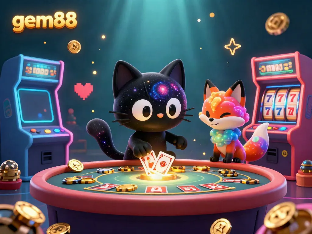 Experience vibrant gaming at gem88, featuring casino elements and a cosmic theme with animated characters.