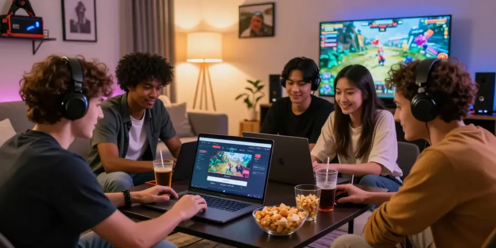 Friends enjoying a gaming session while accessing rokok88 login on a laptop in a cozy living room.