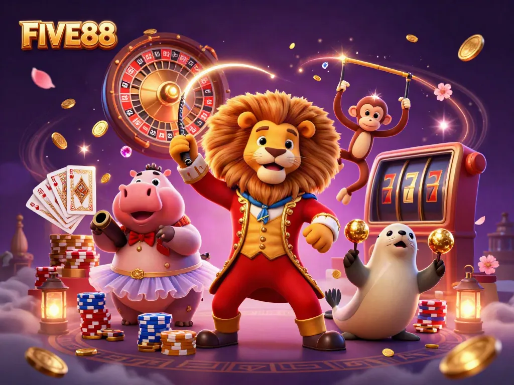 Engage with thrill and excitement at FIVE88 with vibrant casino characters and gold-filled action!