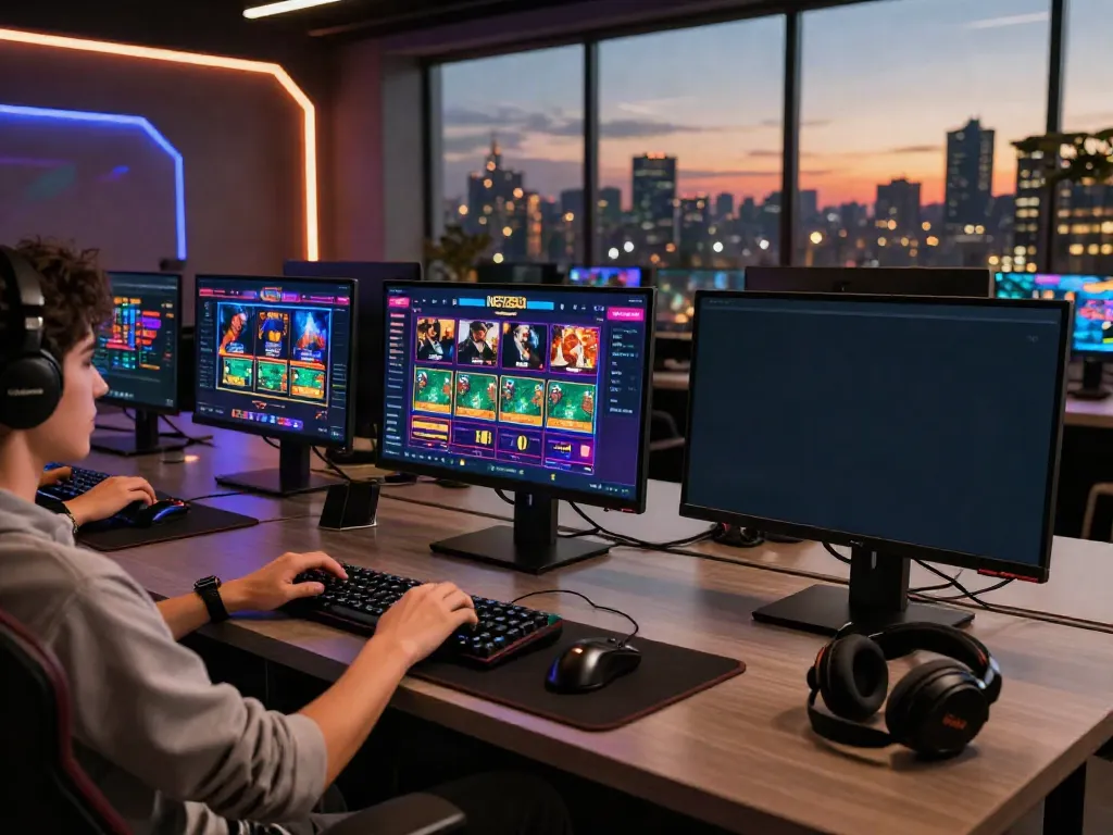 Explore https://net88.broker/ through a vibrant gaming setup featuring sports betting and casino games on multiple screens.
