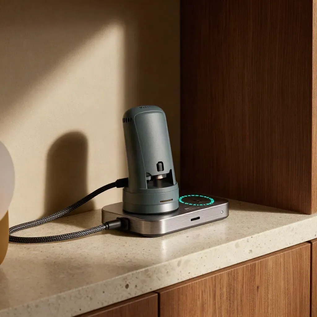 Automatiseringsopstelling met router, smart plug, hub en teal statuslampjes op een travertijn plank