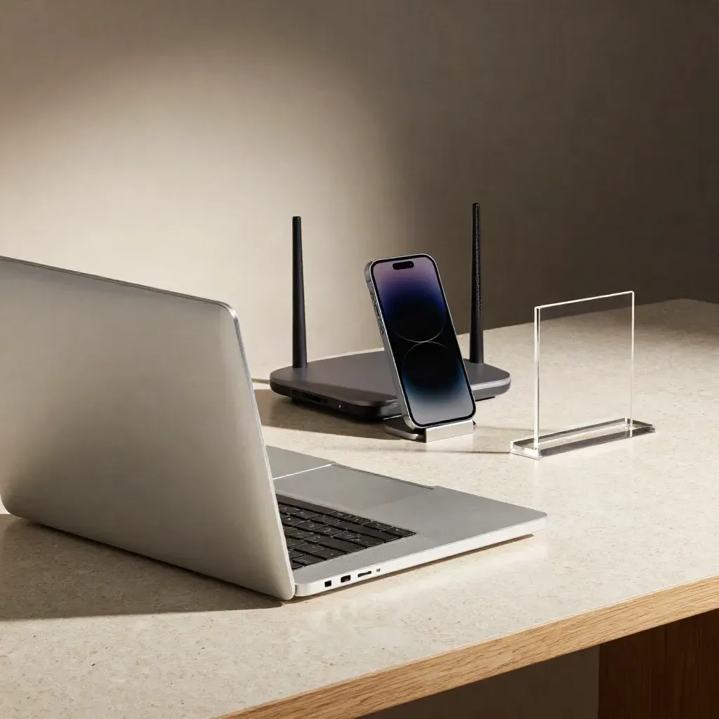 Gesloten laptop, router, telefoon op standaard en prototype-opstelling op een rustige travertijndesk.