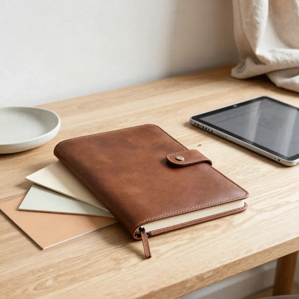 Compact website-planningshoekje met notebook, kleurkaarten, tablet en plantschaduw op licht hout.