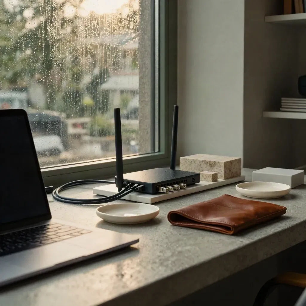 Moderne SME-werkhoek met laptop, router en workflowblokken in warm regenlicht
