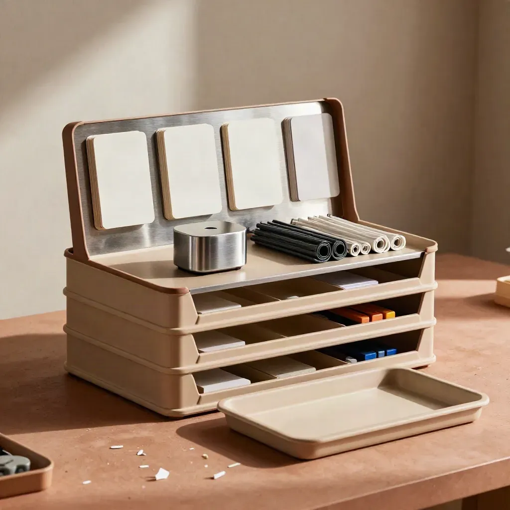 Projectsupport-kit met bakken, magneetcards, timer en tools op warme terracotta werkbank.