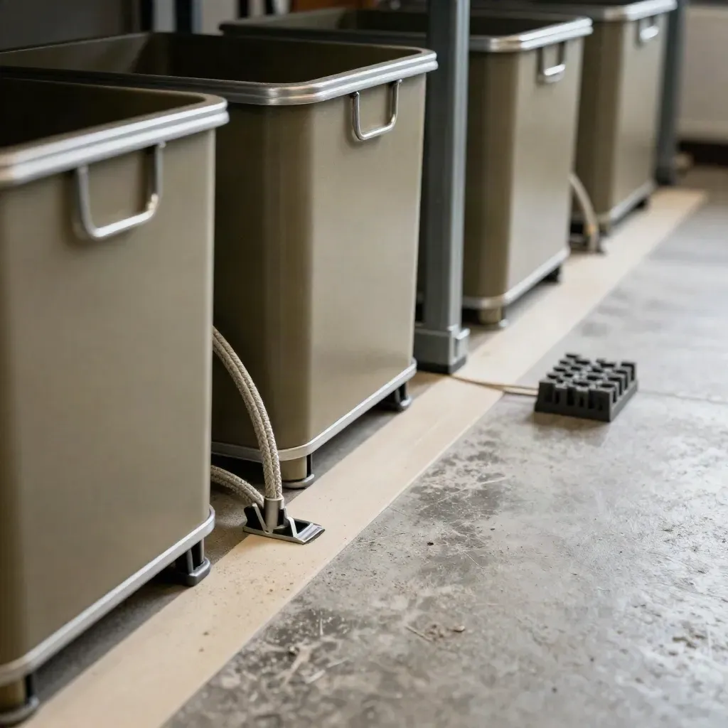 Macro van geordende werkstroom met bakken, kabelgoten en een heldere looplijn op beton.