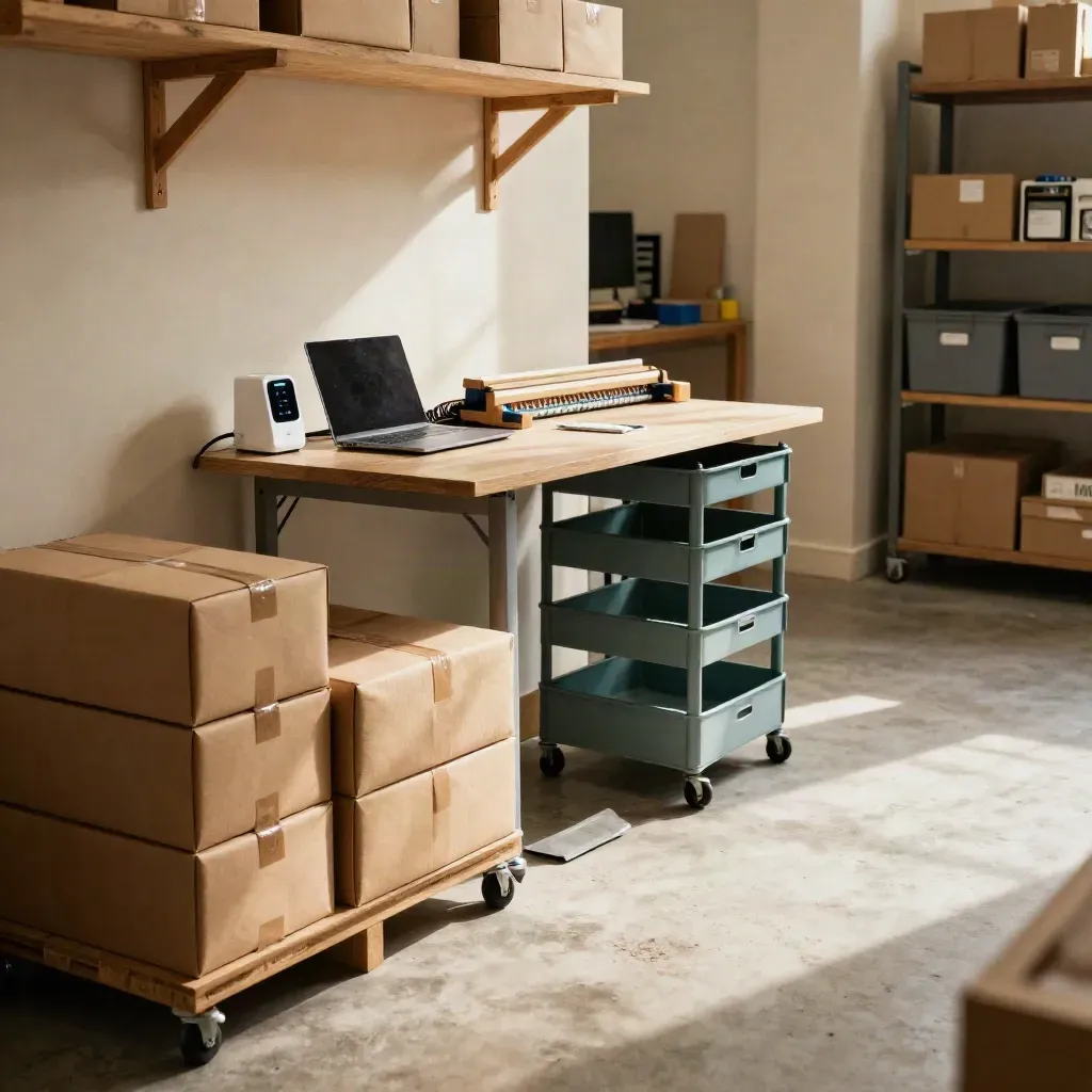 Fulfilmenthoek met pakketten, laptopdock en routingplank in warm middaglicht