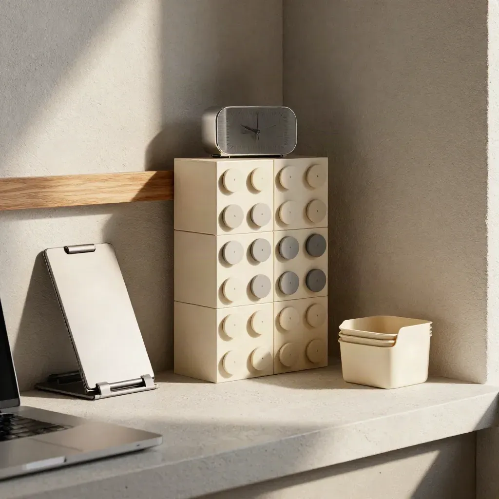 Modulaire planningshoek met kubussen, timer en laptopstandaard in warme studiohaze.