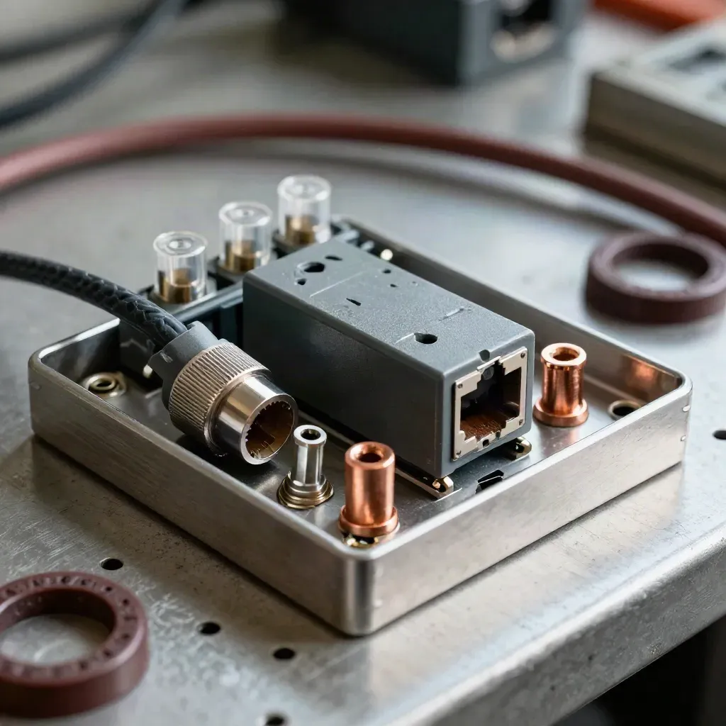 Relaymodule, ethernetkoppeling en smart plug op een geborstelde aluminium tray.