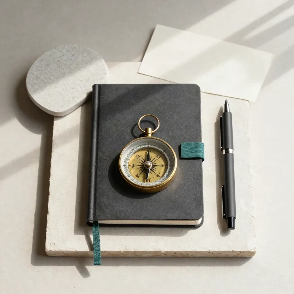 Bovenaanzicht van een kennismakingsset met messing kompas, notitieboek, steen en matte pen op crème.