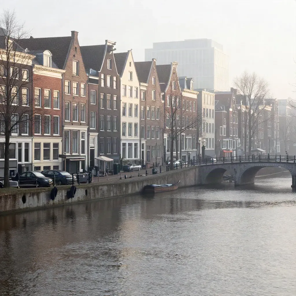 Mistige Amsterdamse gracht met bakstenen gevels en verre kantoortorens bij winterochtendlicht.