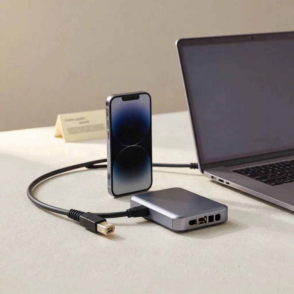 Close-up van een testopstelling met telefoon, ethernetkabel, mini-hub en gesloten laptop op lichte pleister.