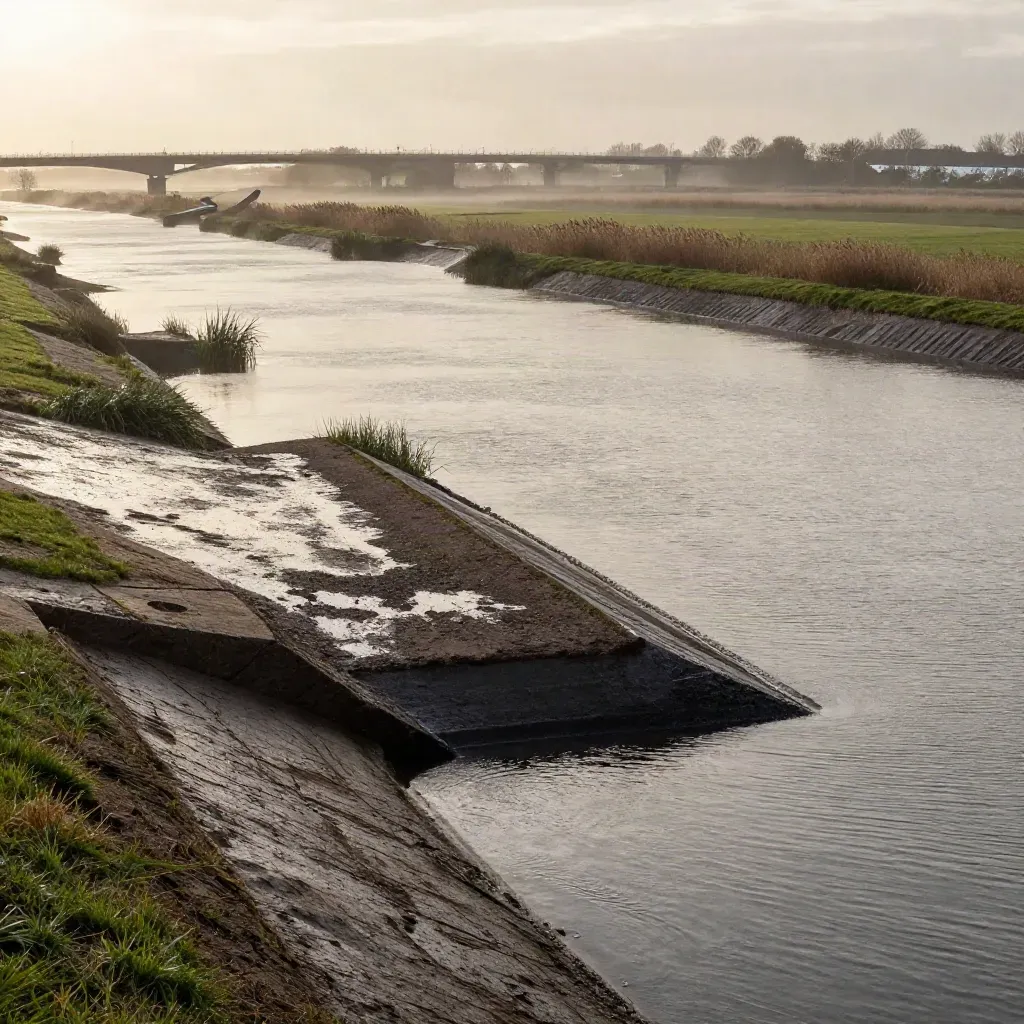 Brede Nederlandse delta met dijken, water en verre brug in mistige blauwe uursfeer.