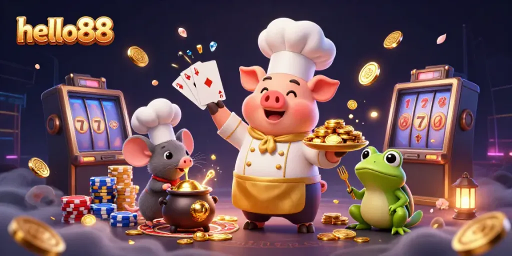 Experience the excitement of hello88 with a vibrant 3D casino scene featuring a chef pig and sparkling treasures.