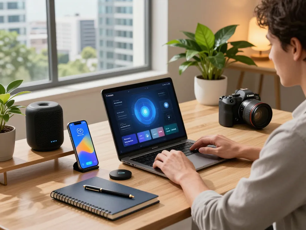 Engaging workspace featuring smart tech gadgets, including Bluetooth devices and a health tracking app.