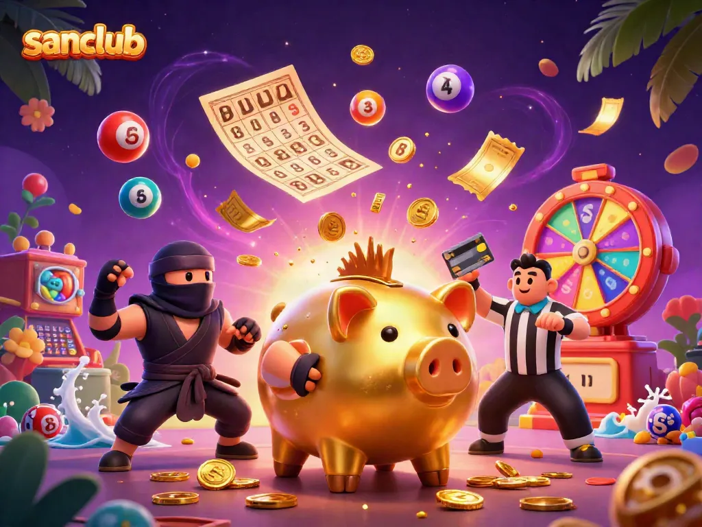Experience winning vibes with sanclub's dynamic casino-themed illustration featuring vibrant gaming elements.