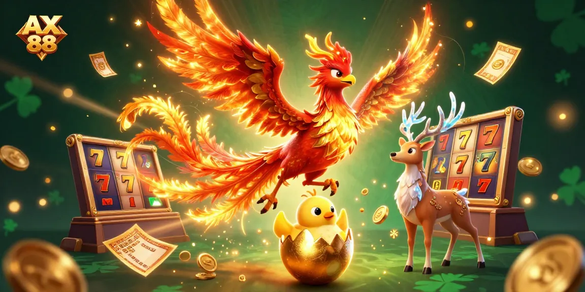 Play thrilling slot games with AX 88 featuring a vibrant phoenix scene and dynamic elements.