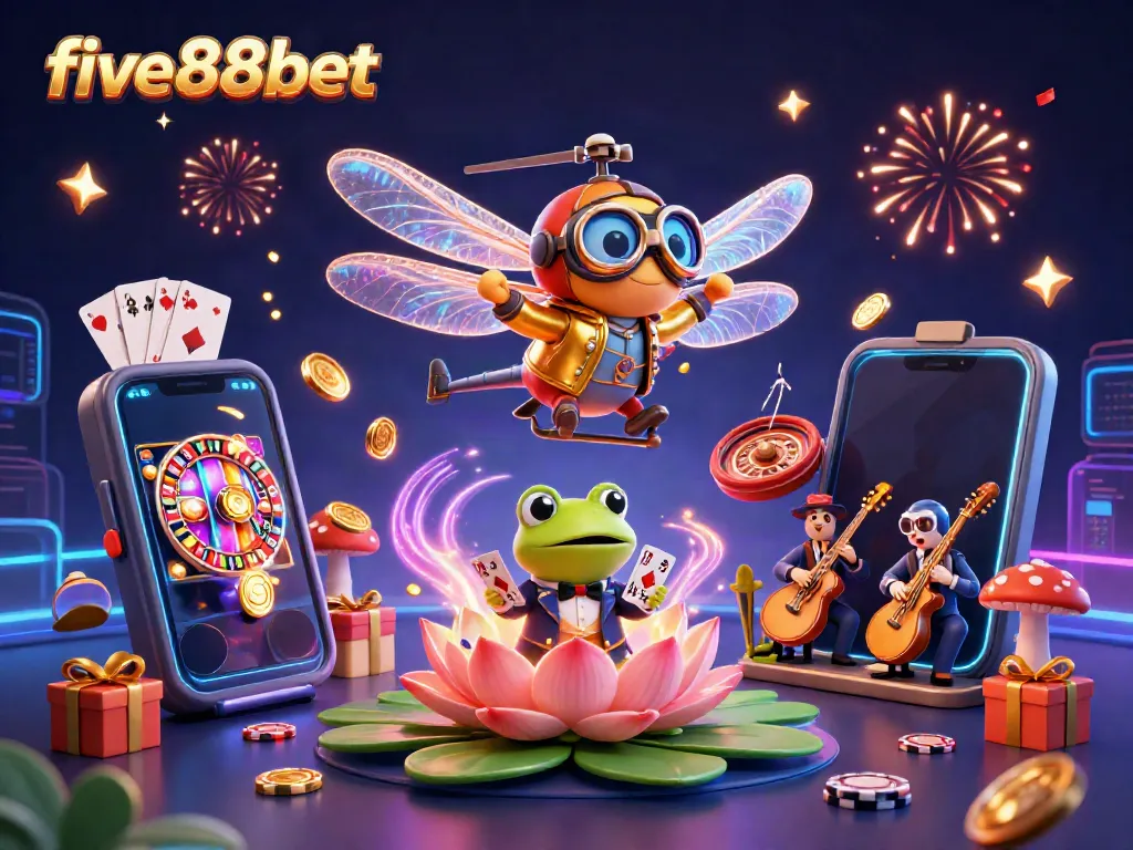 Experience the excitement of five88bet with a vibrant 3D casino scene featuring unique characters and gaming elements.