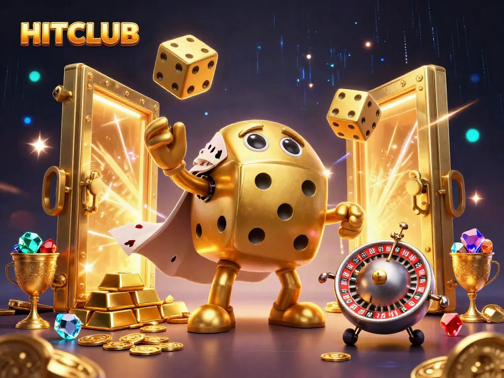 Experience thrilling gaming with HITCLUB's vibrant 3D casino illustration showcasing golden dice and treasures.
