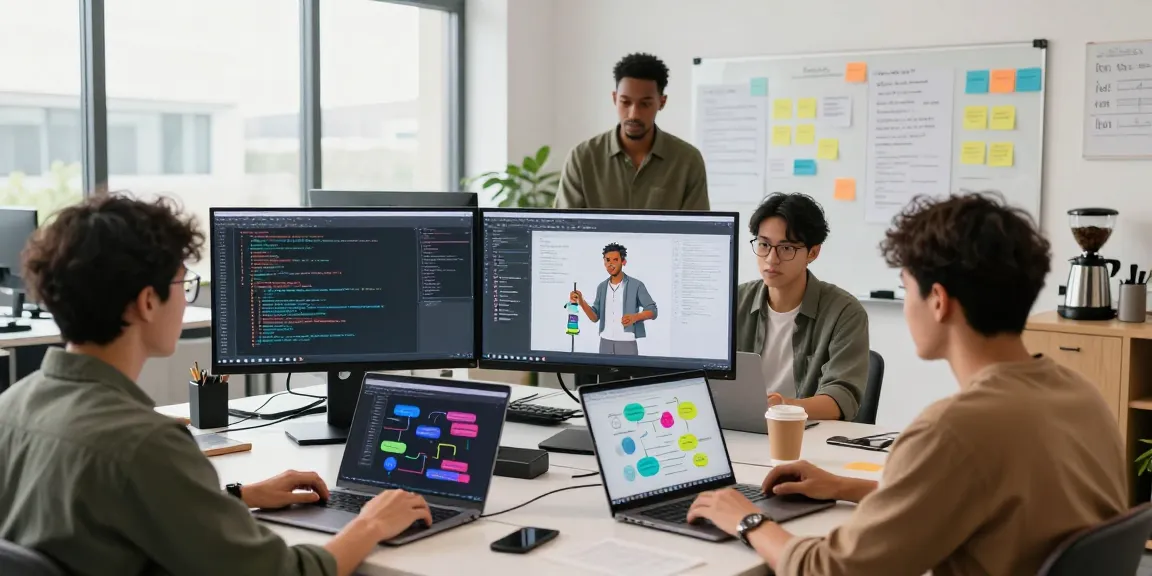 Exciting team collaboration on character ai nsfw project in a modern workspace with bright lighting and engaging technology.