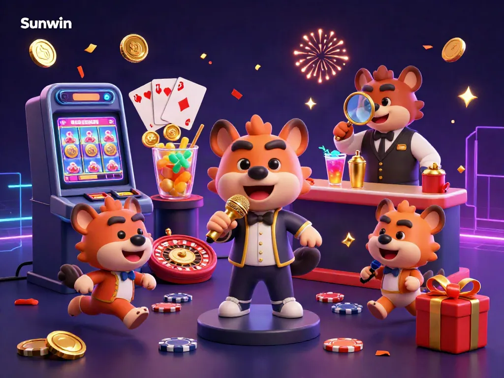 Engage in the vibrant atmosphere of Sunwin's comedy casino with lively hyena characters and classic gaming elements.