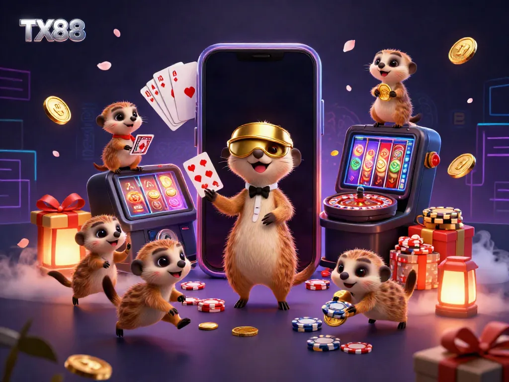 Experience the vibrant TX88 casino world with meerkats in a lively gaming scene filled with action and excitement.