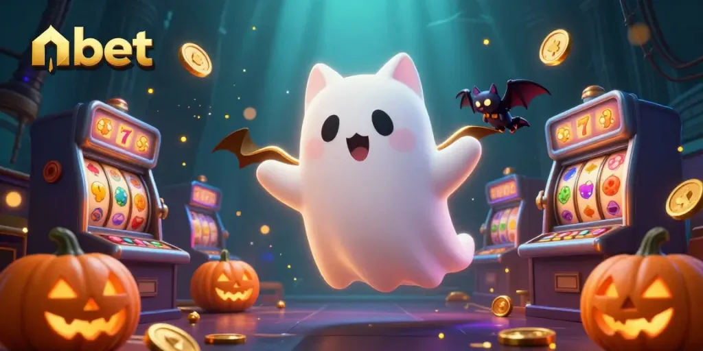 Experience thrilling gameplay with nbet's vibrant 3D casino illustration featuring ghostly fun and slot symbols.