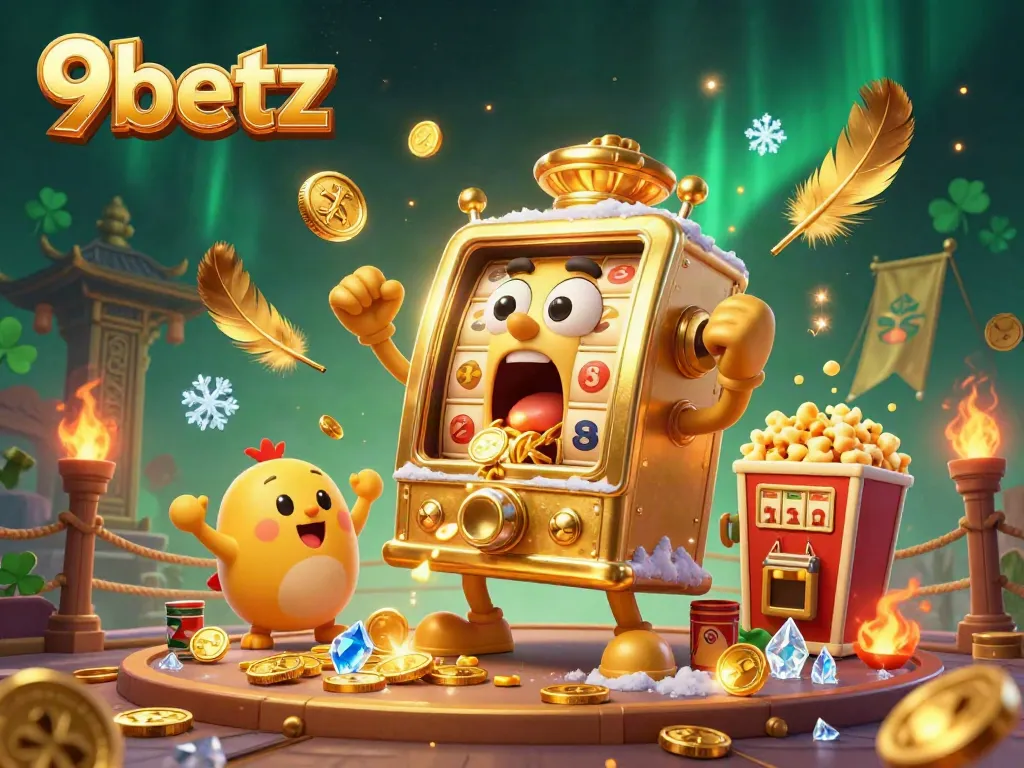 Experience the excitement of 9betz with a golden slot machine celebrating its jackpot amidst cheering friends and vibrant casino elements.