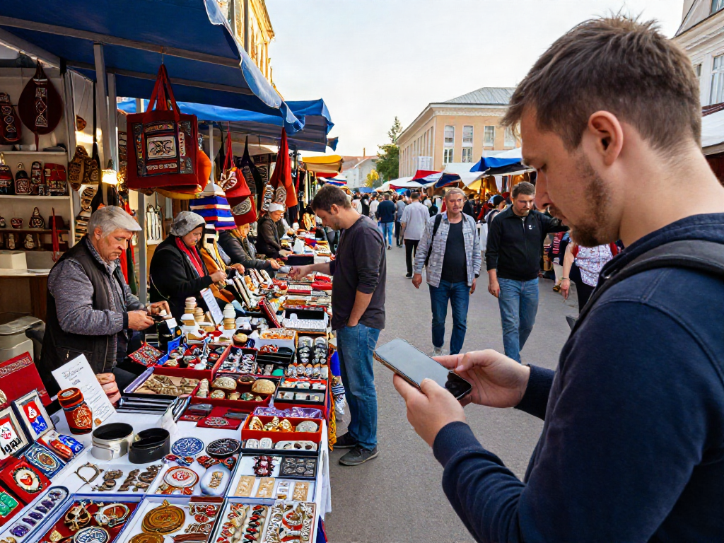 Mobiele betaling met https://payinrussia.com/ in een drukke Russische markt met toeristen en lokale verkopers.