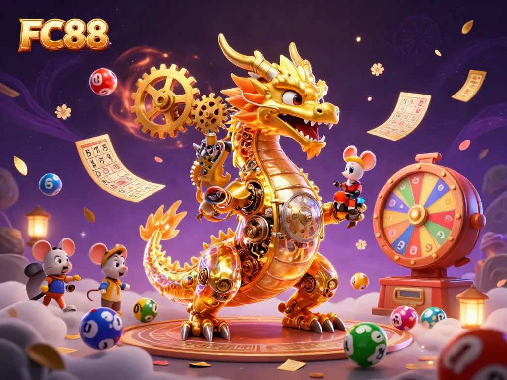 Experience the vibrant energy of FC88 with a dynamic 3D dragon, gears, and colorful lottery elements.