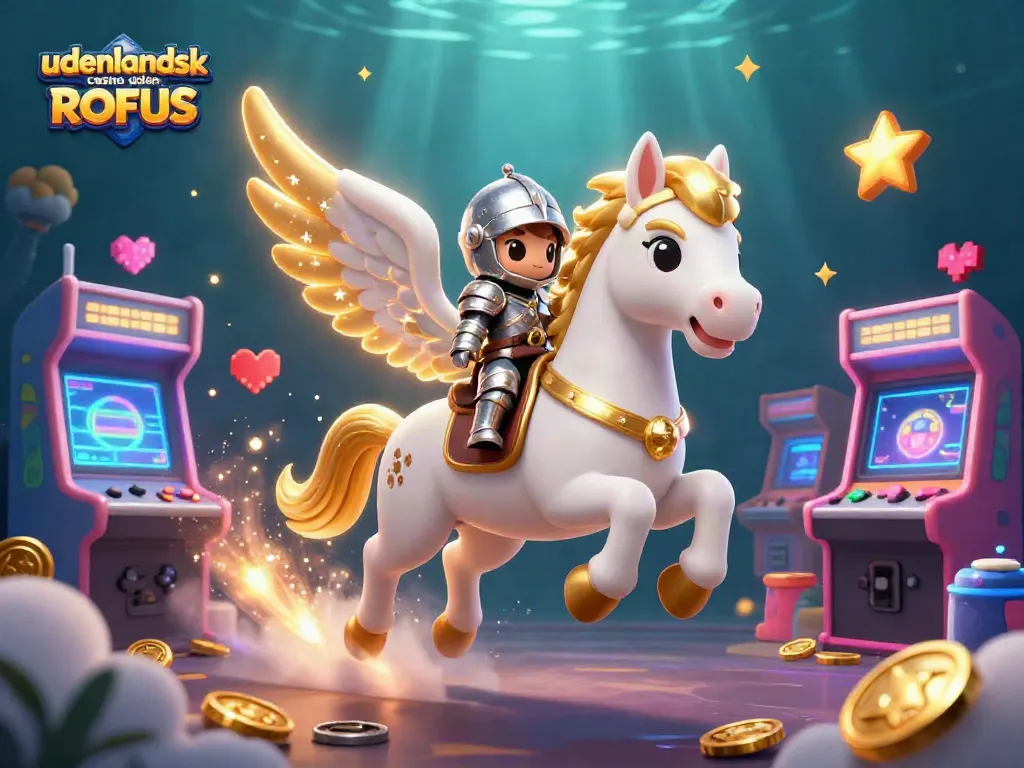 Engaging scene of udenlandsk casino uden ROFUS featuring 3D characters amidst arcade elements and golden casino symbols.